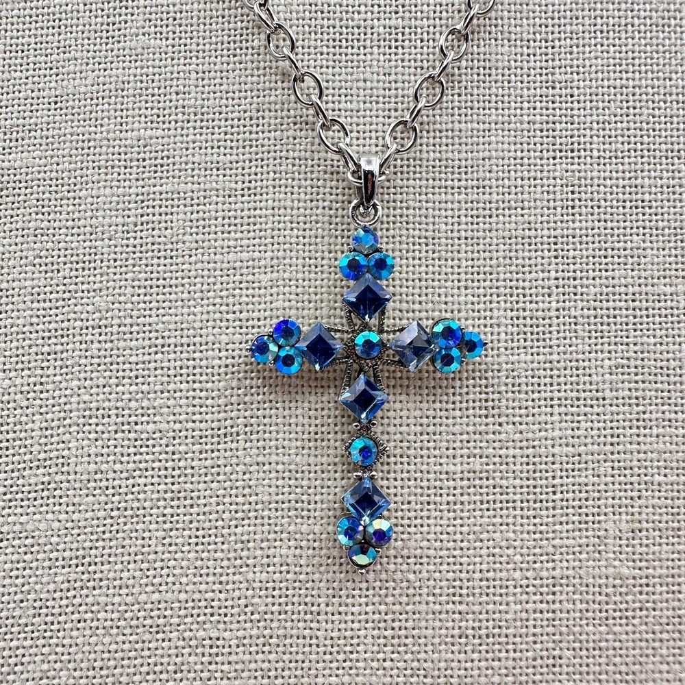 Vintage Silver Tone Blue Crystal Cross Pendant Necklace Statement 90s Y2K Gothic